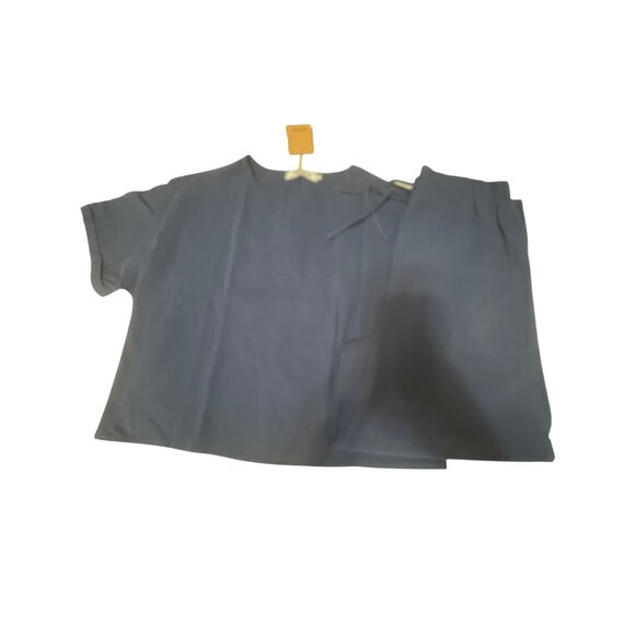 Anytree Navy Blue Cotton Linen Boxy Top & Wide Leg Pants Lounge Set L NWT - Picture 4 of 6